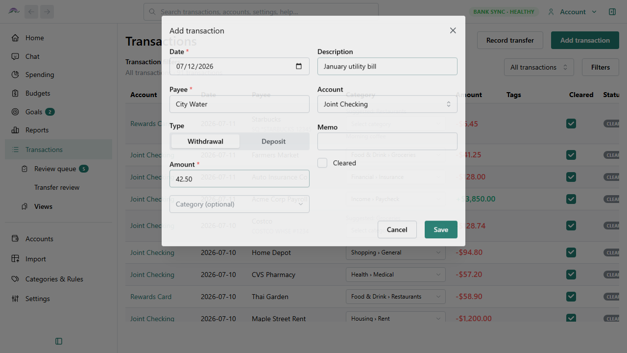 Big Picture Money add transaction form