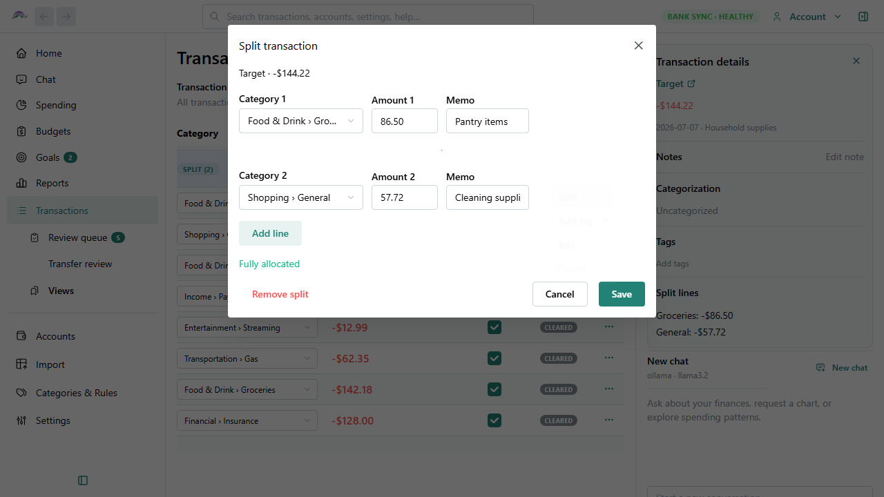Big Picture Money split transaction editor